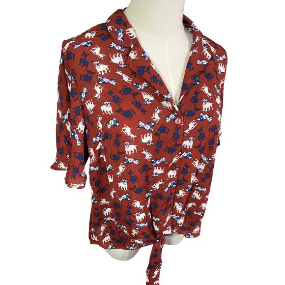 Monteau Dog Print Tie Front Blouse Rust Red Size L NWT - Picture 7 of 8